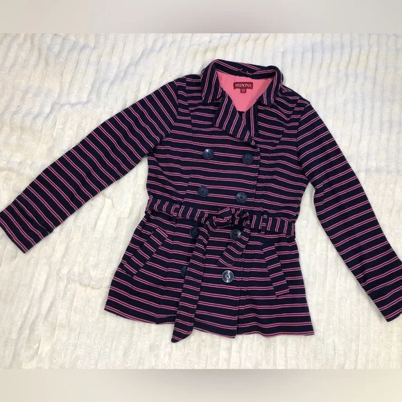 Merona EUC Navy & Pink Striped Double Breasted Knit Jacket w/Tie Belt Large - Picture 5 of 14